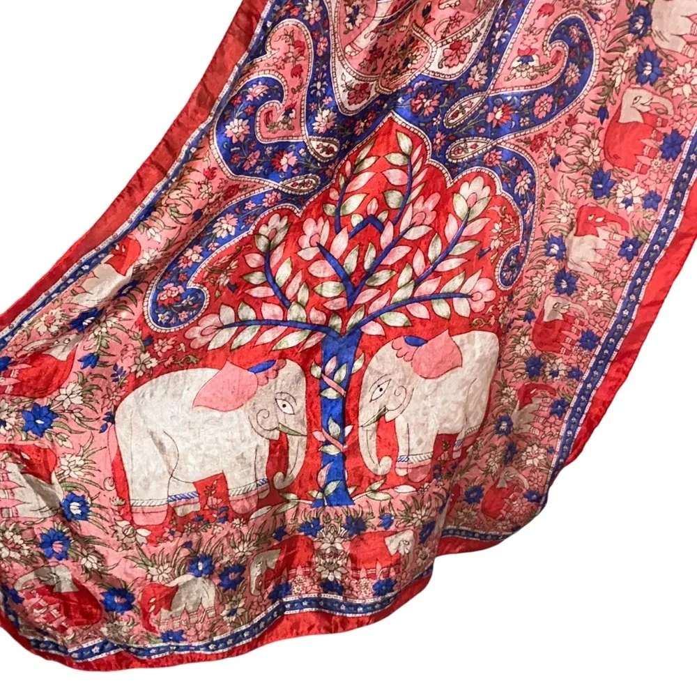 India Silk red blue elephants print ethnic Indian wear scarf